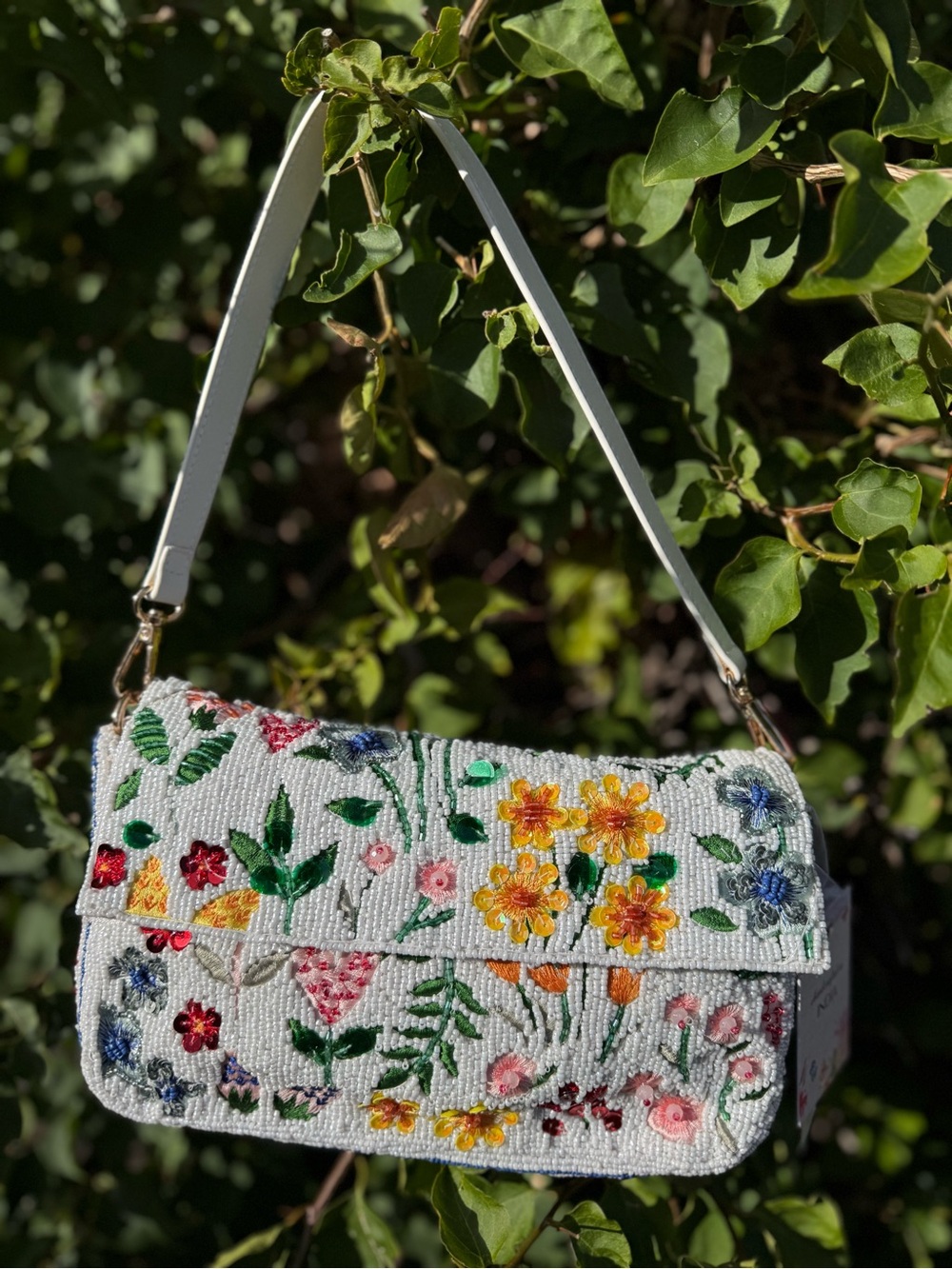 NWT Made in India Flower Floral Multicolor Leather Shoulder Strap Beaded Bag